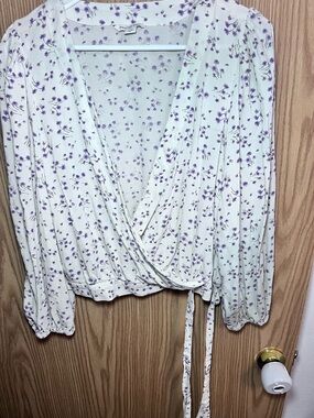 American Eagle Outfitters Cream Wrap Blouse with Lavender Floral Print